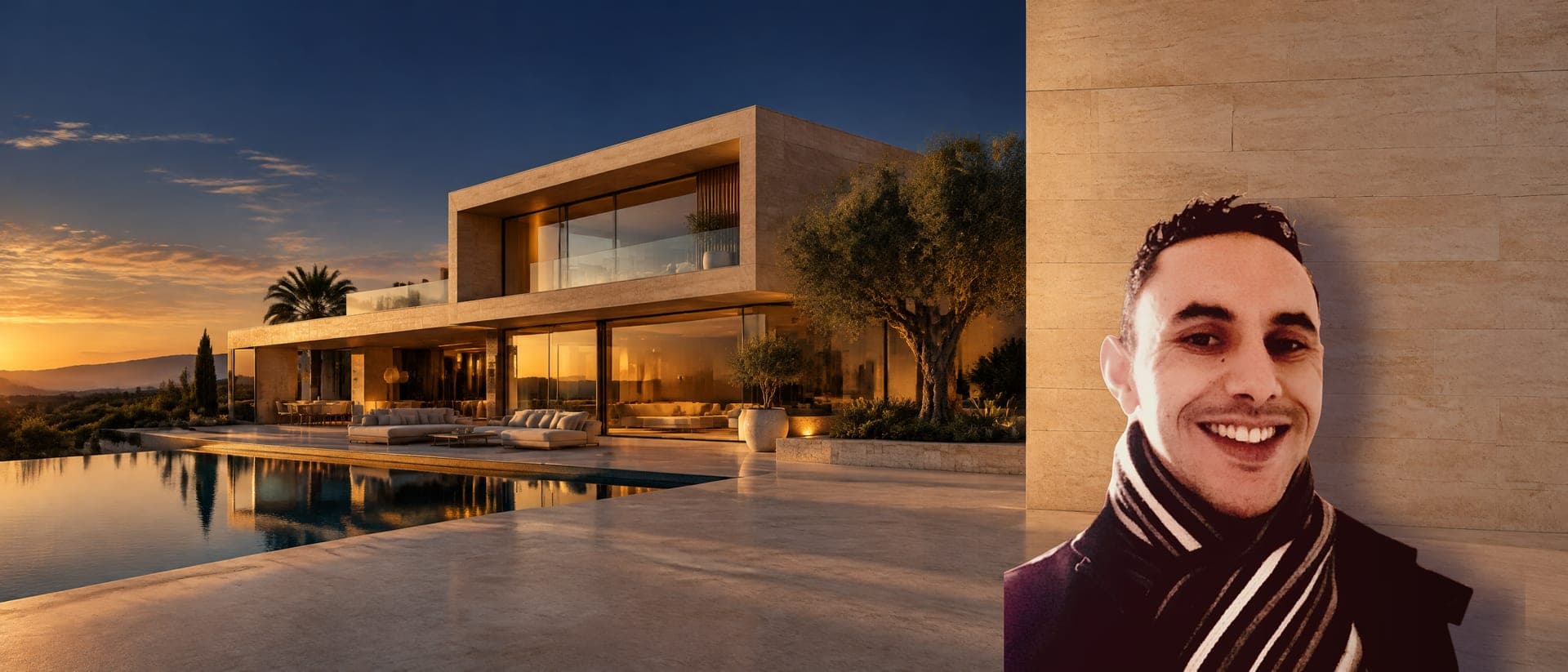 Rachid, fondateur d'O&R Immobilier, devant une villa contemporaine au crépuscule